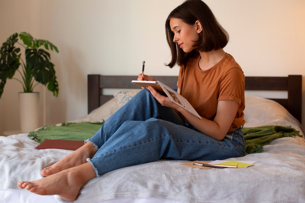 A woman in a brown t-shirt sits cross-legged on a bed, writing in a notebook with a plant and stationery nearby.