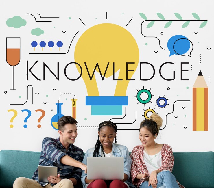 A trio of individuals collaborate on devices in front of a colorful mural emphasizing KNOWLEDGE with educational icons.