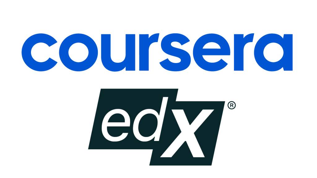 Logo image featuring coursera in bold blue and edX in black on a stylized background, representing online learning platforms.
