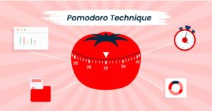Illustration of the Pomodoro Technique, featuring a tomato timer with task icons, emphasizing productivity and time management.