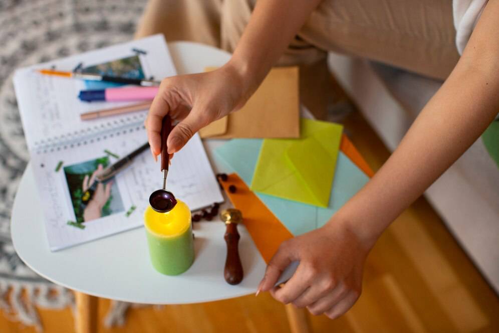 A hand dips a spoon into a green and yellow candle while colorful envelopes and a notebook with pens are arranged on a table.