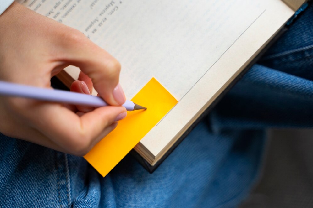 A person marks a page in a book with a yellow sticky note, using a purple pencil, while seated in denim jeans.