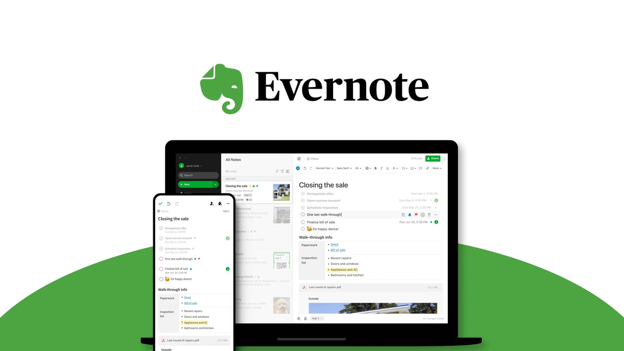 A laptop and smartphone displaying the Evernote app interface, showcasing notes for a real estate closing process against a white background.