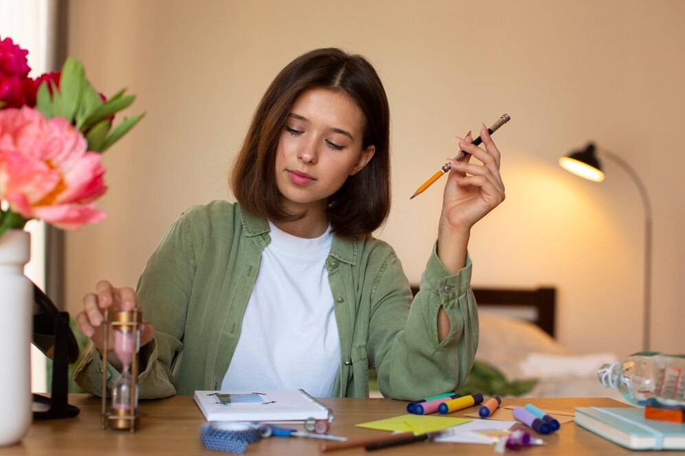 A woman in a green shirt sits at a desk surrounded by stationery, an hourglass, and colorful flowers, deep in thought.