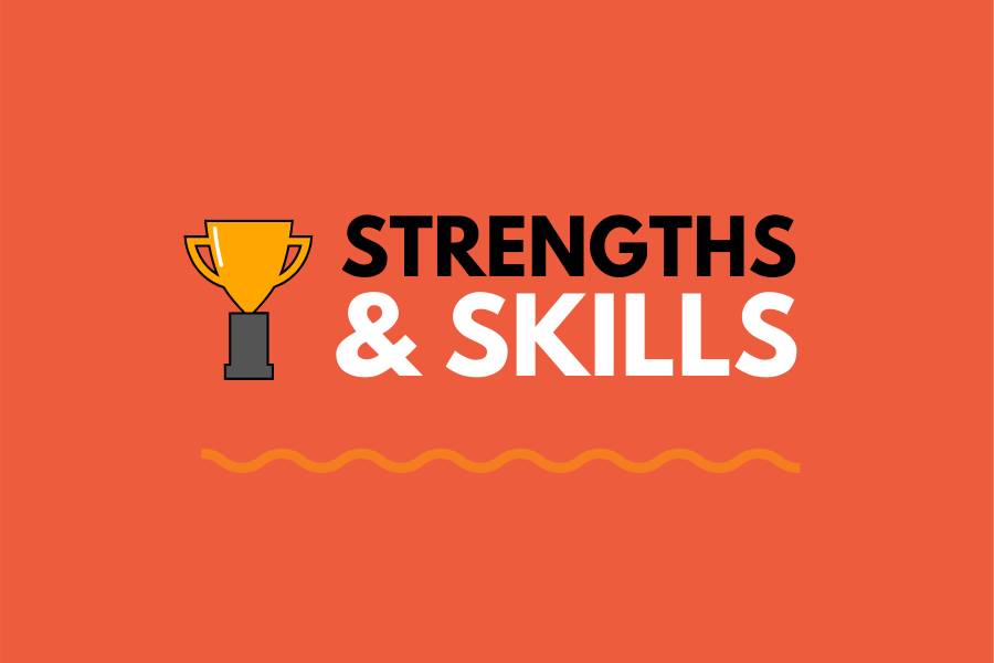 Graphic with an orange background featuring the text Strengths & Skills and an icon of a trophy, symbolizing achievement.