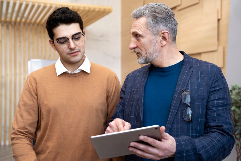 Two men are discussing while looking at a tablet in a modern office setting with wooden elements in the background.