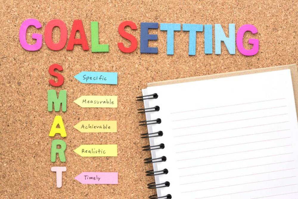 Colorful letters spell Goal Setting with SMART acronym definitions on a corkboard, beside a blank notepad.