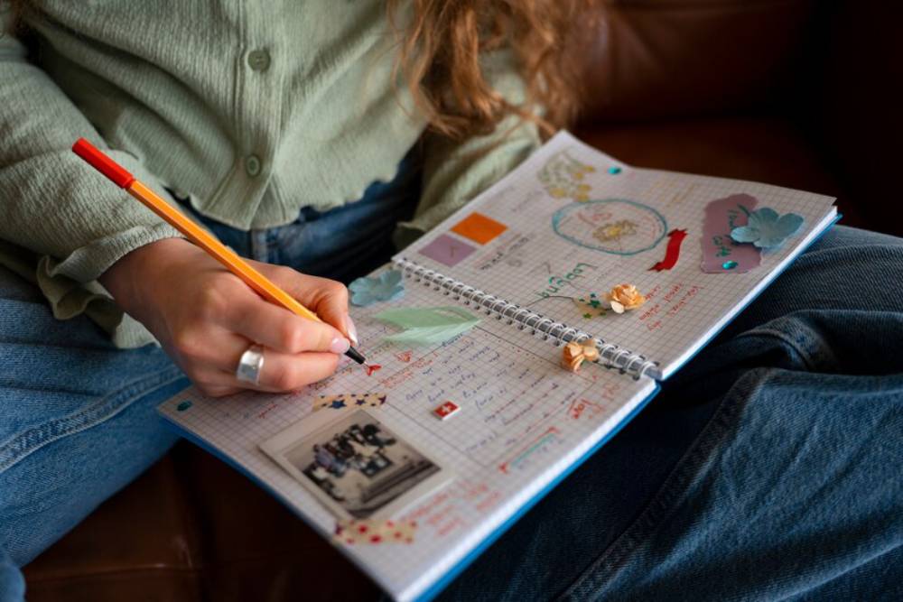 A woman doing creative journaling