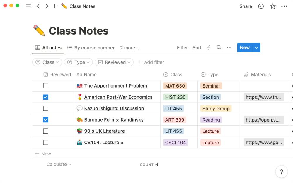 Screenshot of a digital class notes interface displaying various courses, types, and materials with options to filter and sort entries.