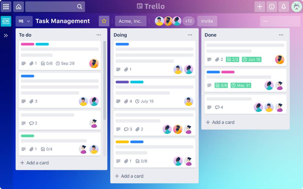 Trello board displaying three columns: To Do, Doing, and Done, with task cards and user avatars for project management.